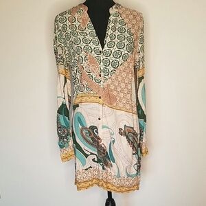 Griffin Paris Rayon Dress Tunic Straight Cut Contemporary Border Print